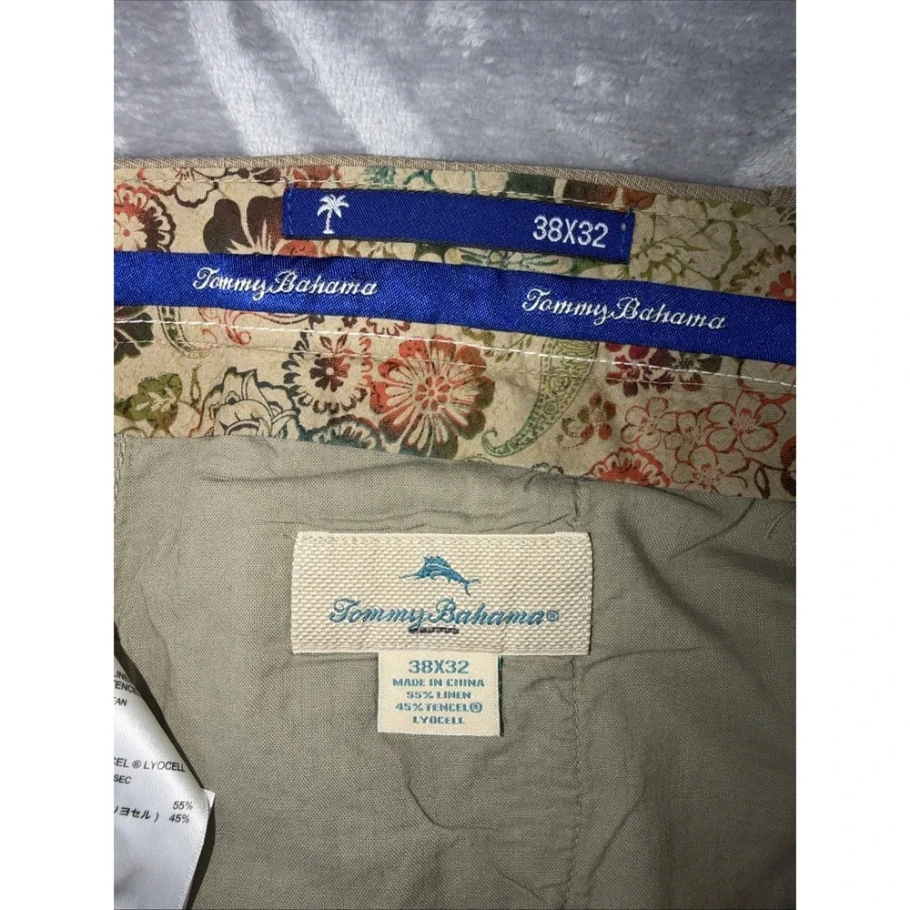 Tommy Bahama Men's Linen Lyocell Dress Pants Khaki Tan Flat Front 38x32